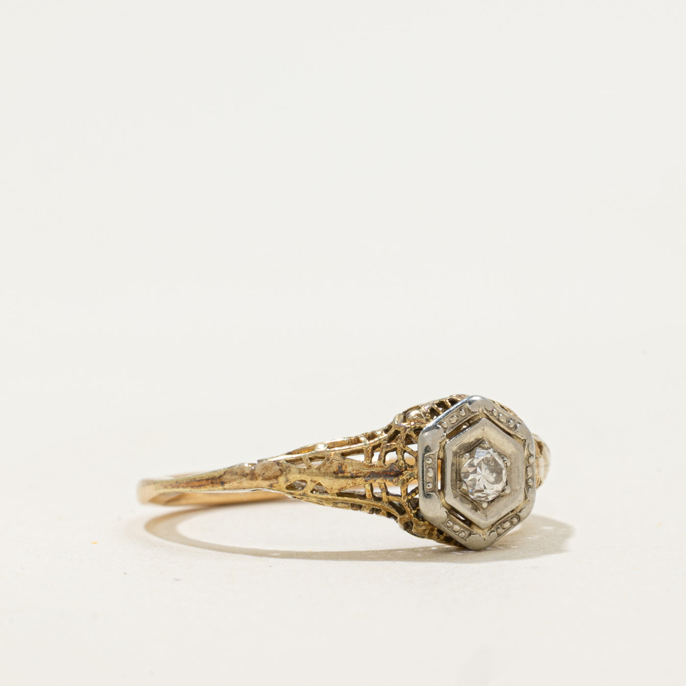 Art Deco 10k Two Tone Transitional Cut Diamond Hexagonal Ring | 0.065ct | SZ 5.5