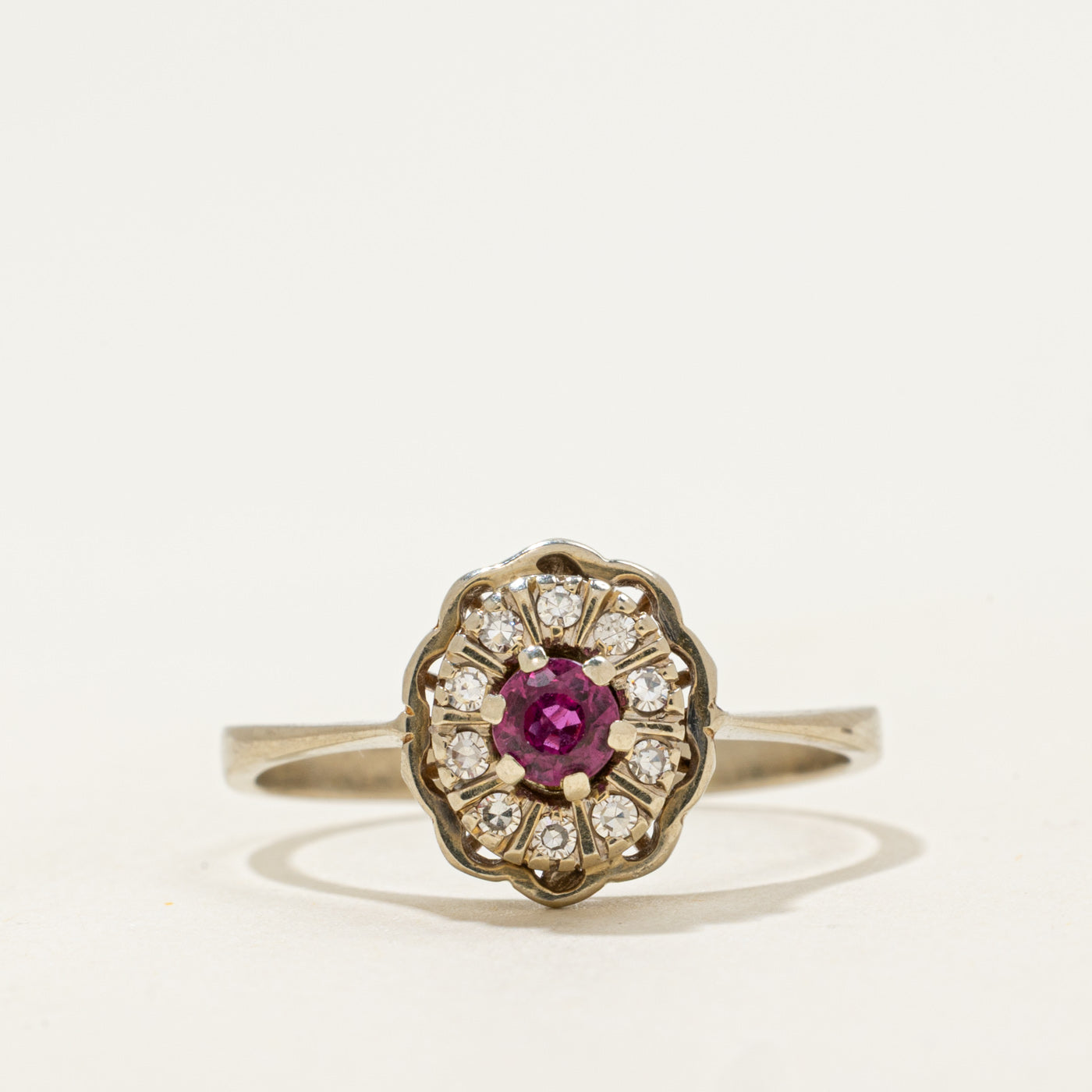 18k Ruby & Single Cut Diamond Flower Halo Ring | 0.19ct, 0.05ctw | SZ 9.5