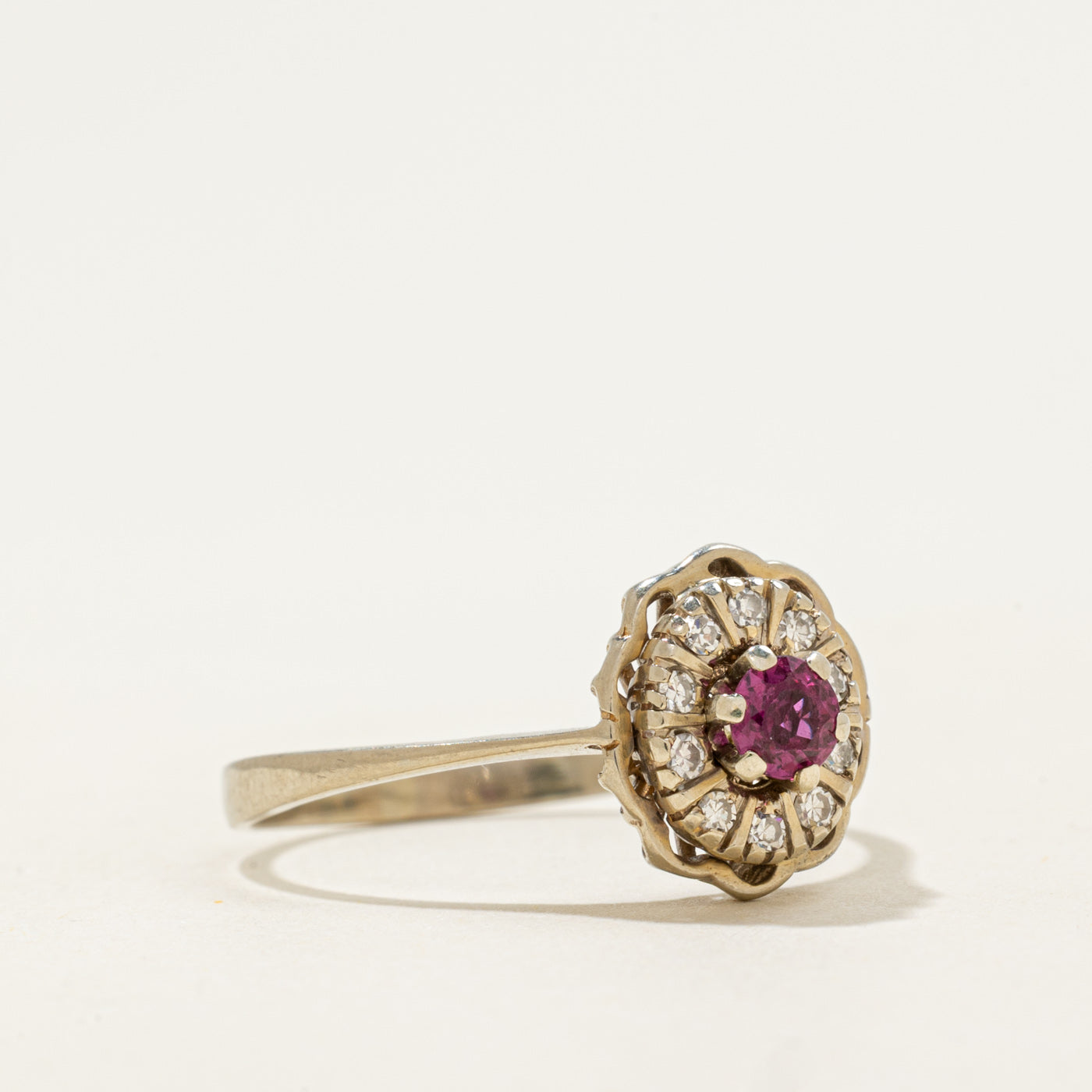 18k Ruby & Single Cut Diamond Flower Halo Ring | 0.19ct, 0.05ctw | SZ 9.5