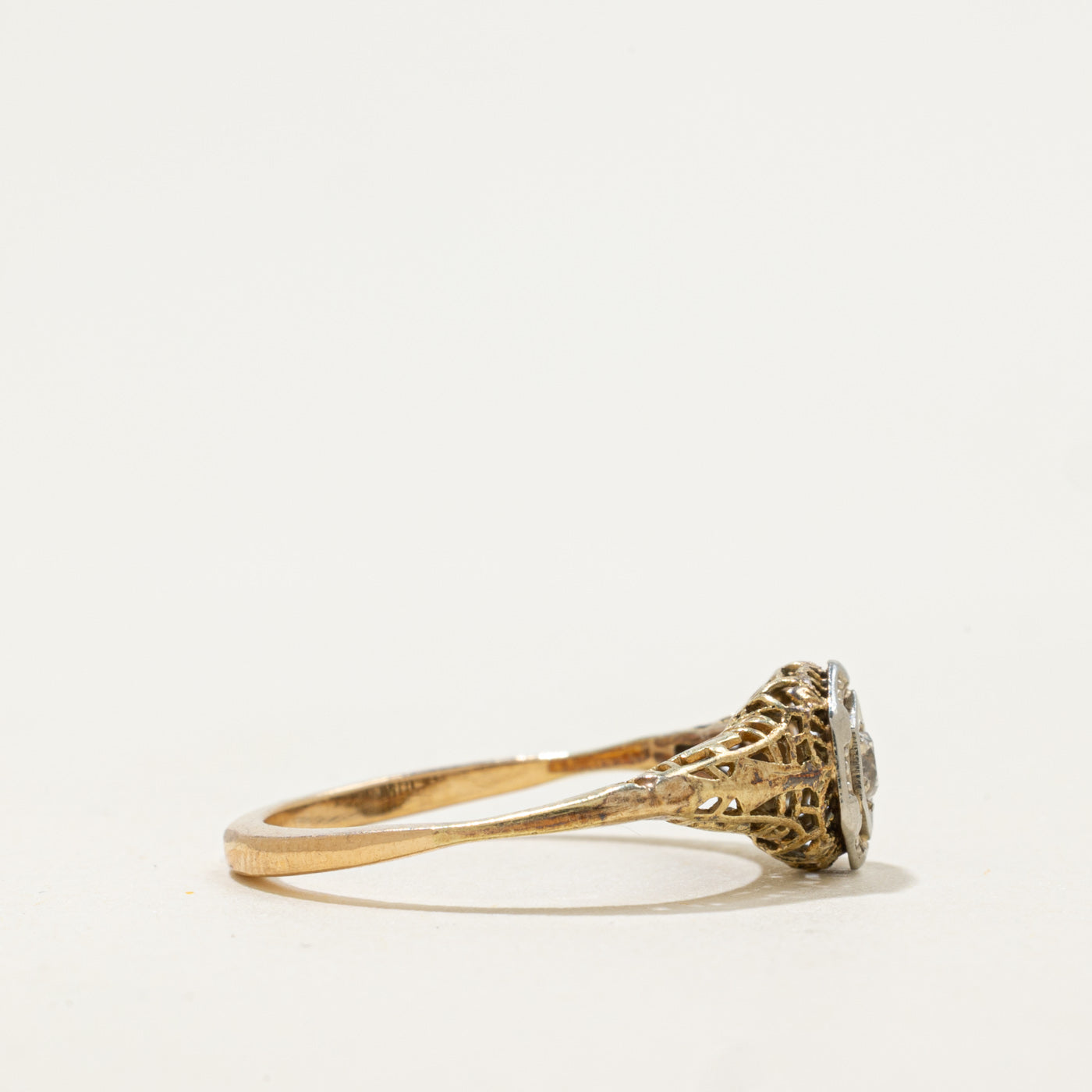 Art Deco 10k Two Tone Transitional Cut Diamond Hexagonal Ring | 0.065ct | SZ 5.5