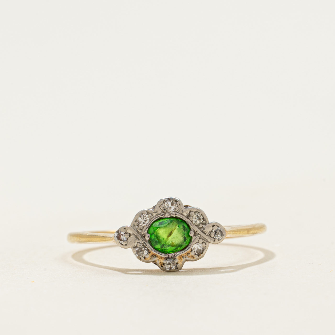 Antique 18k Demantoid Garnet Diamond Navette Ring | 0.16ct, 0.04ctw | SZ 6.75