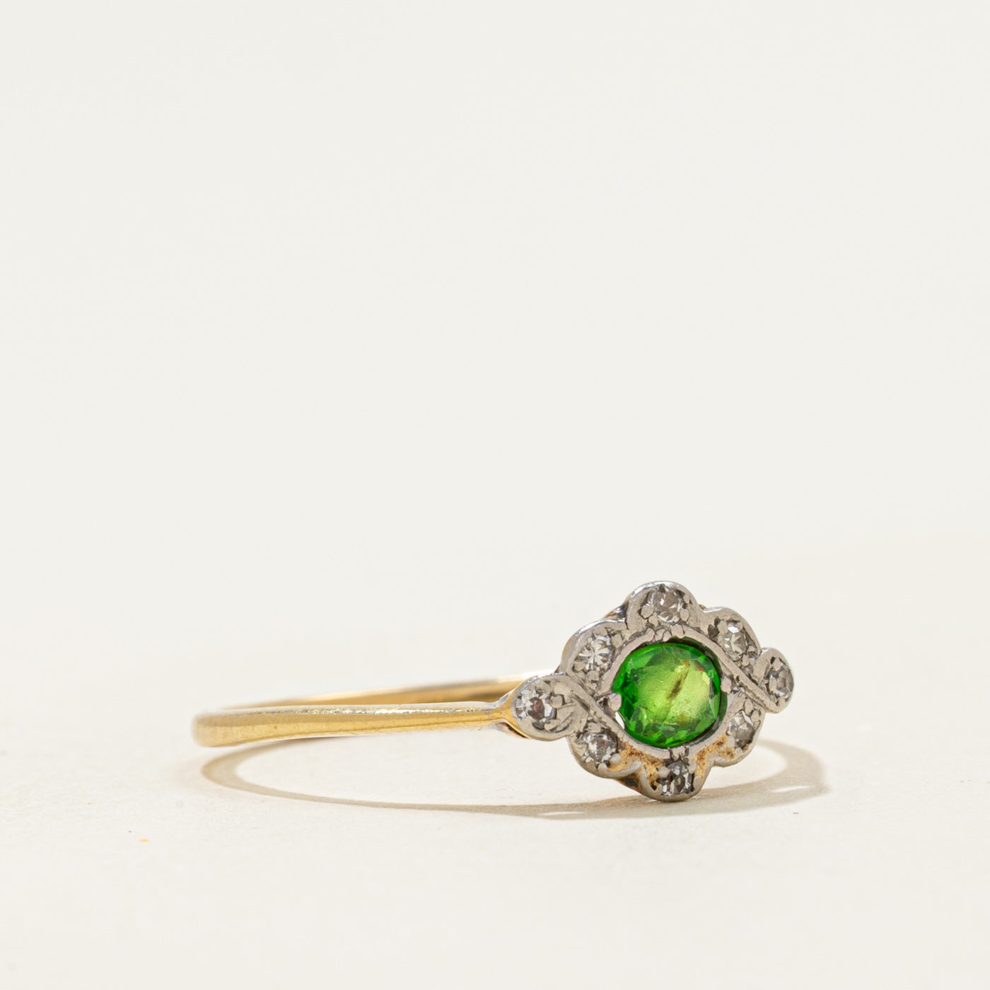 Antique 18k Demantoid Garnet Diamond Navette Ring | 0.16ct, 0.04ctw | SZ 6.75