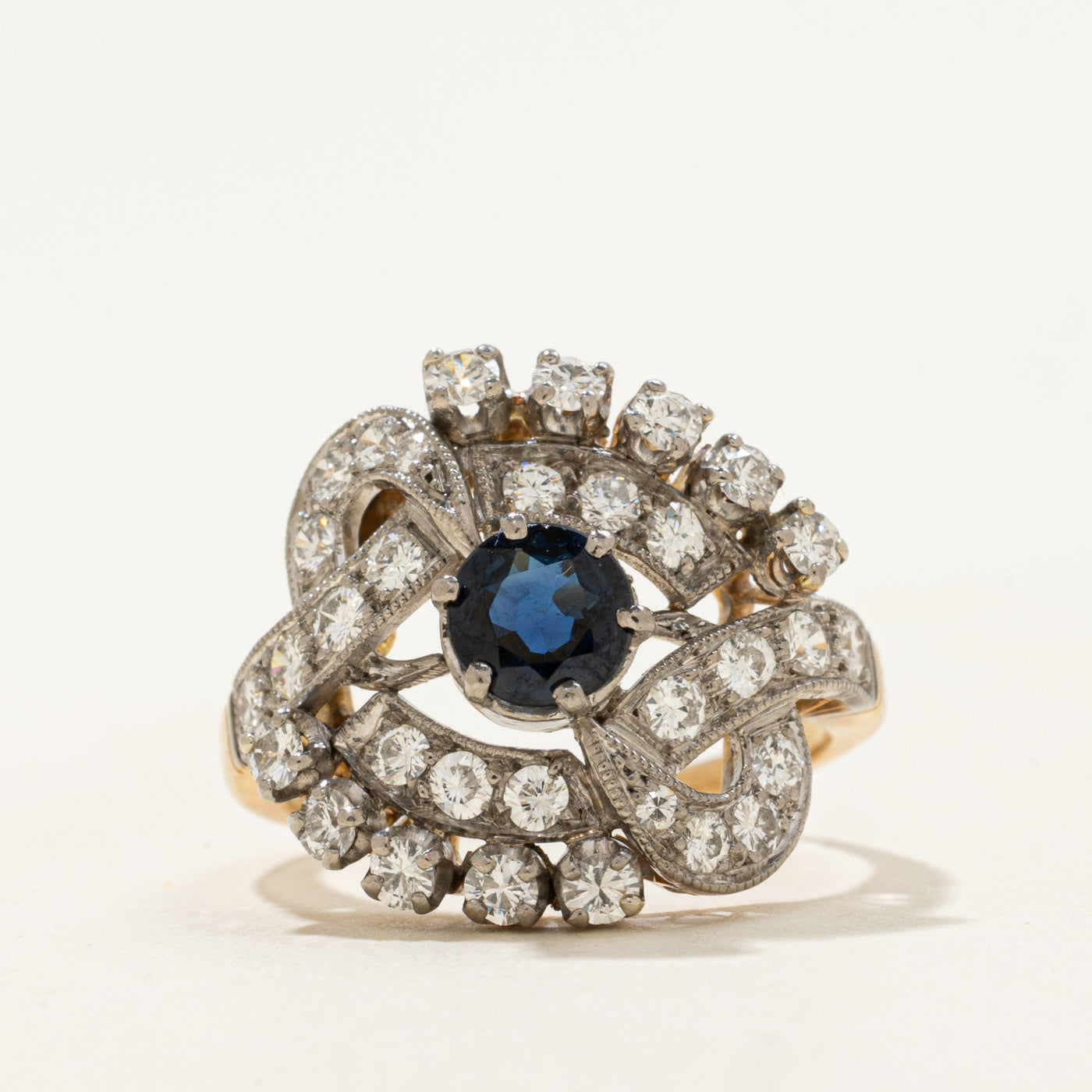 18k Sapphire & Round Brilliant Diamond Swirl Ring | 0.56ct, 0.88ctw  | SZ 6.25