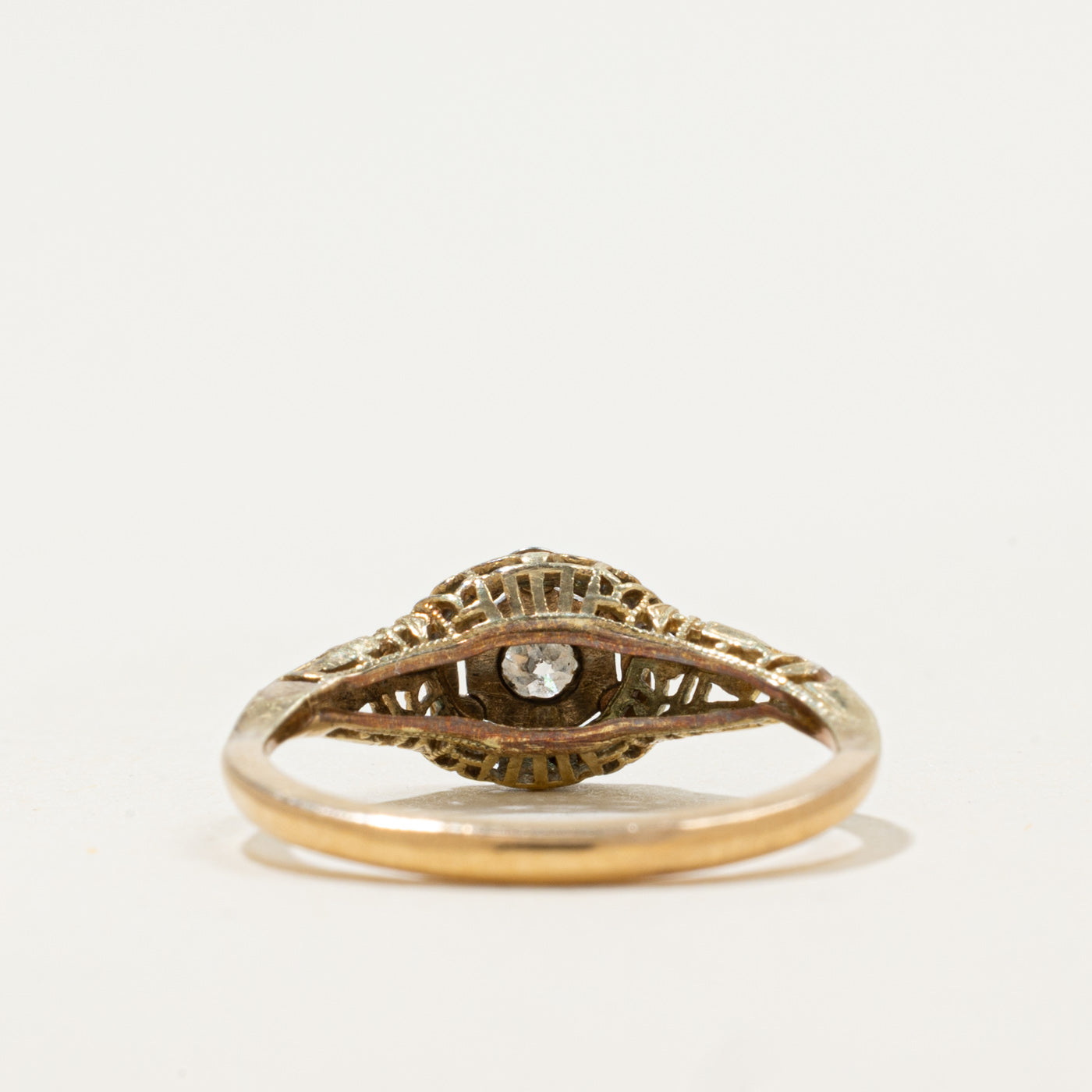 Art Deco 10k Two Tone Transitional Cut Diamond Hexagonal Ring | 0.065ct | SZ 5.5