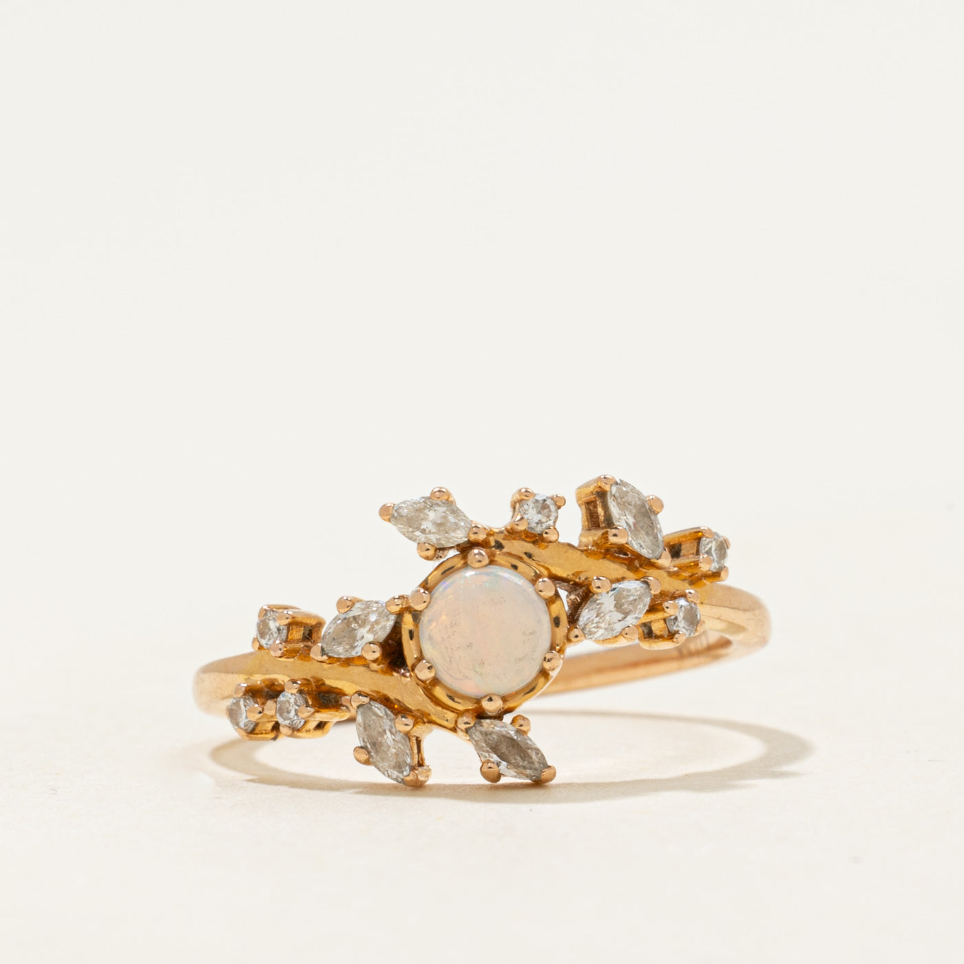 18k Opal & Diamond Floral Bypass Ring | 0.17ct, 0.15ctw | SZ 5