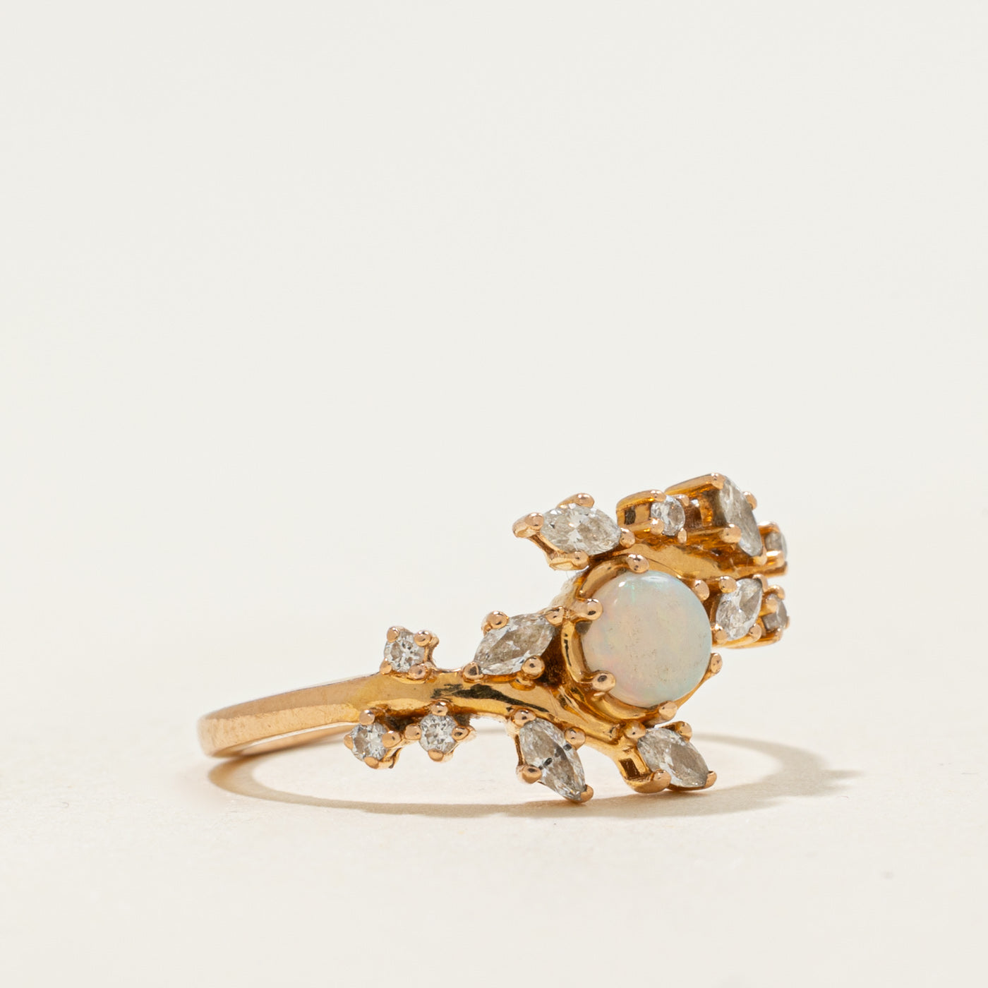18k Opal & Diamond Floral Bypass Ring | 0.17ct, 0.15ctw | SZ 5