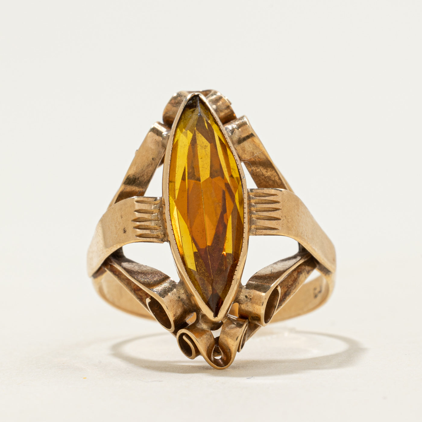 Late Art Deco 14k Citrine Scrollwork Navette Ring | 2.38ct | SZ 8