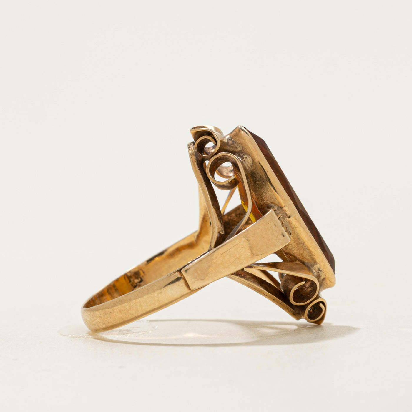 Late Art Deco 14k Citrine Scrollwork Navette Ring | 2.38ct | SZ 8