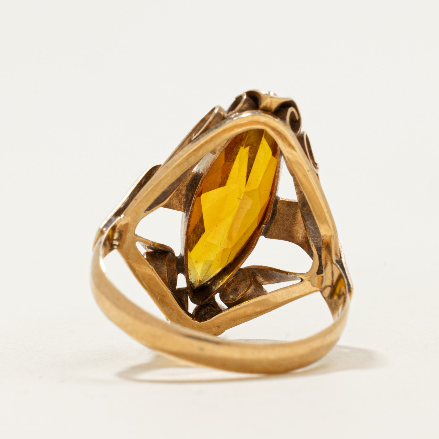 Late Art Deco 14k Citrine Scrollwork Navette Ring | 2.38ct | SZ 8
