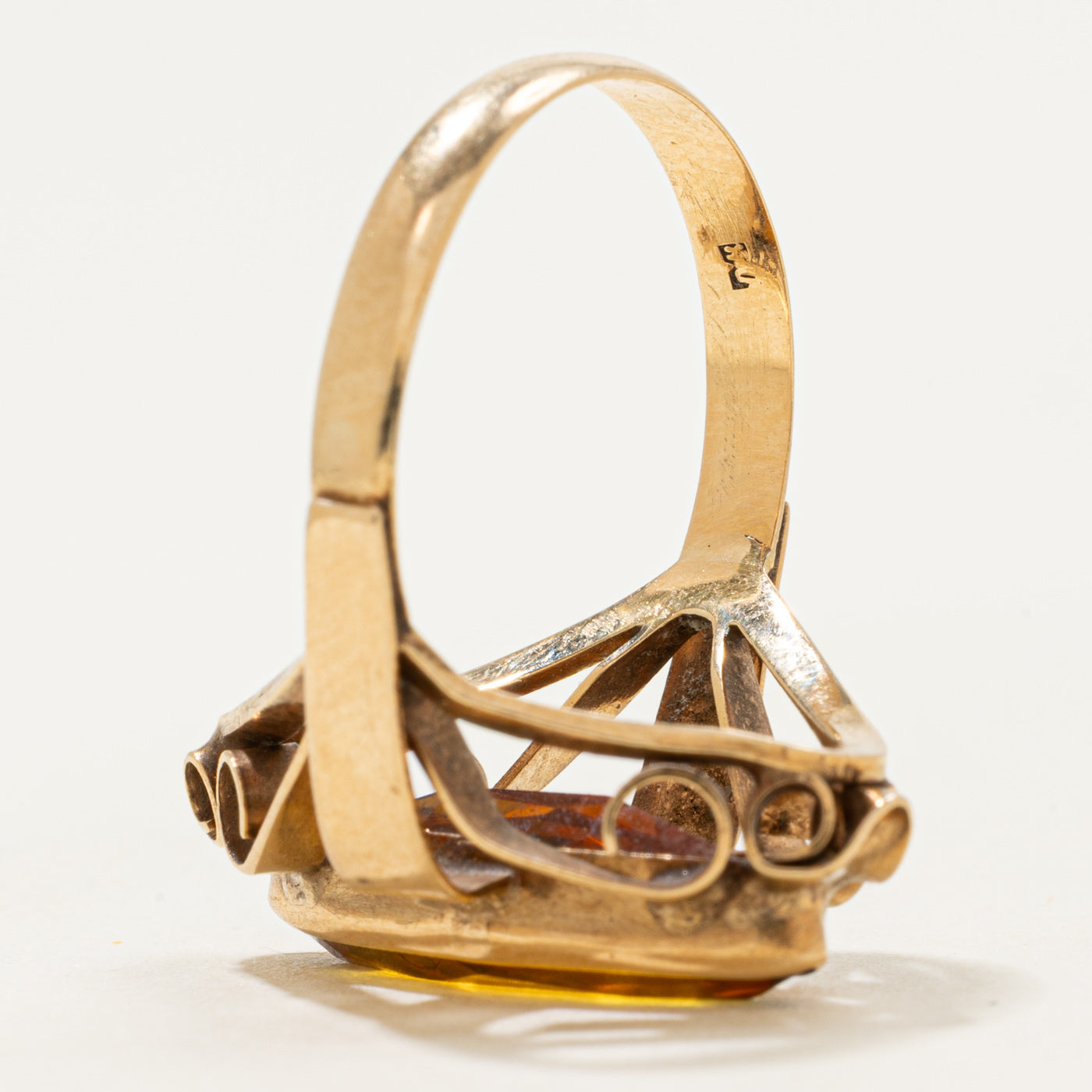 Late Art Deco 14k Citrine Scrollwork Navette Ring | 2.38ct | SZ 8