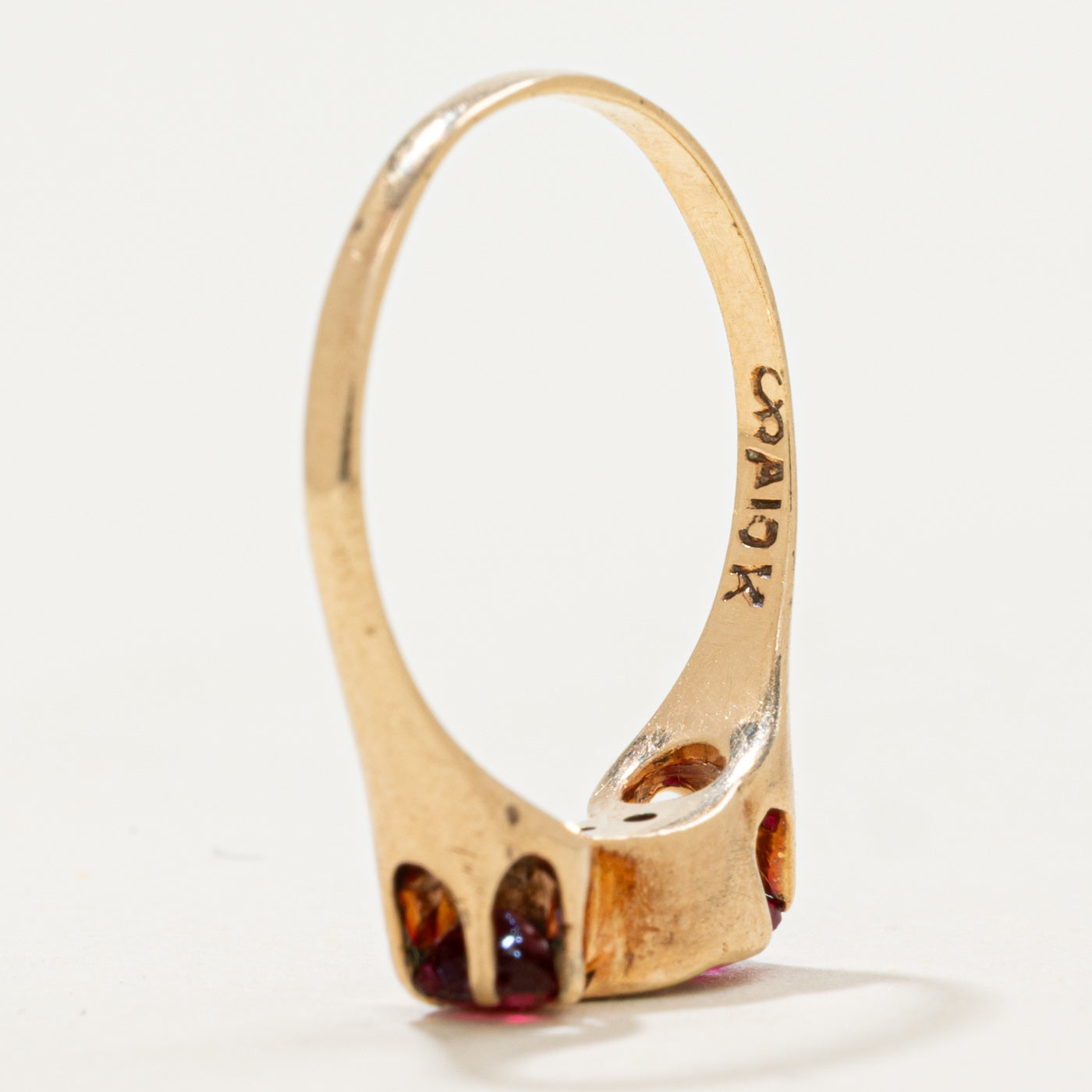 10k Synthetic Ruby & Diamond Accented Scrollwork Ring | 0.48ctw, 0.06ctw | SZ 6.5