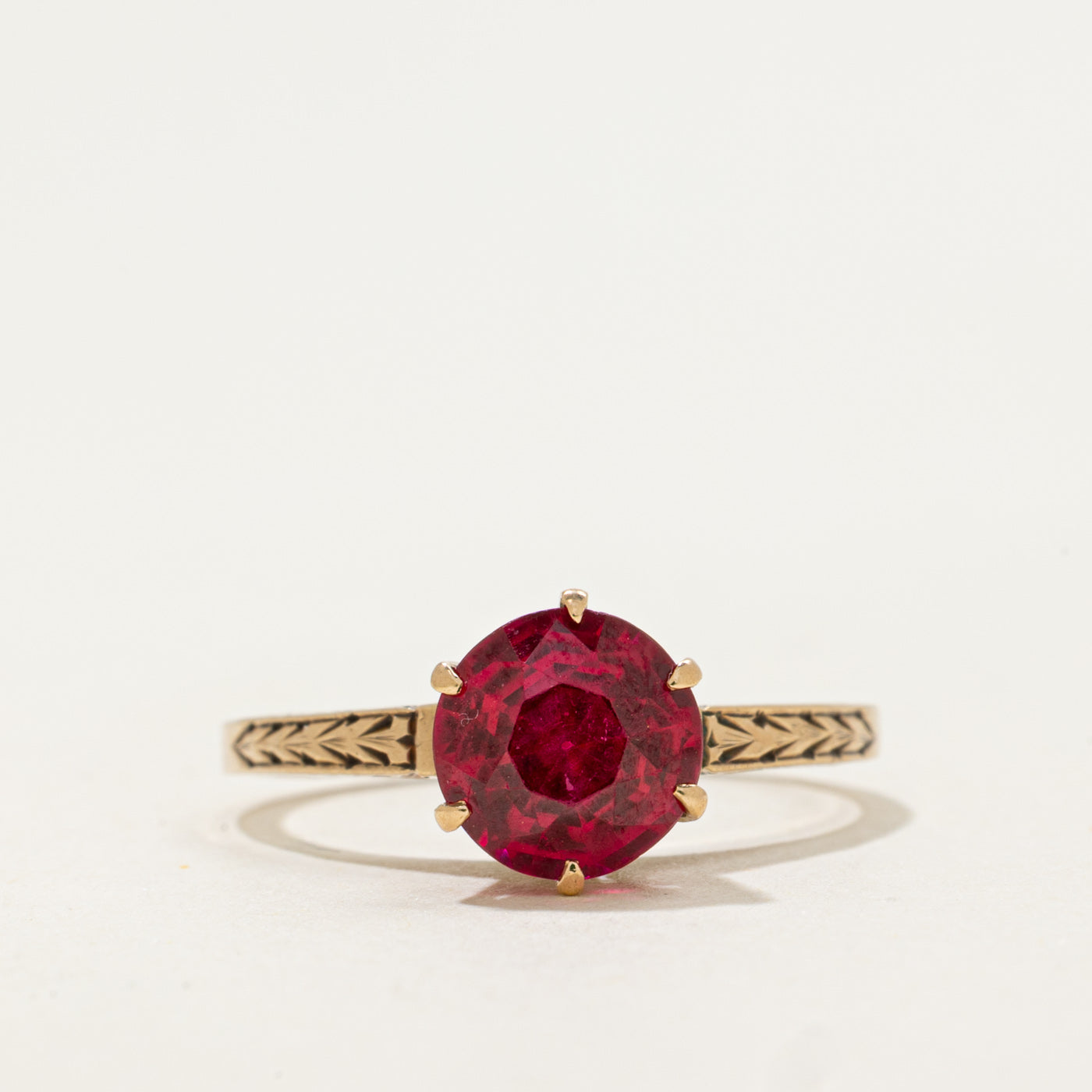 10k Solitaire Synthetic Ruby Engraved Ring | 1.9ct | SZ 7.25