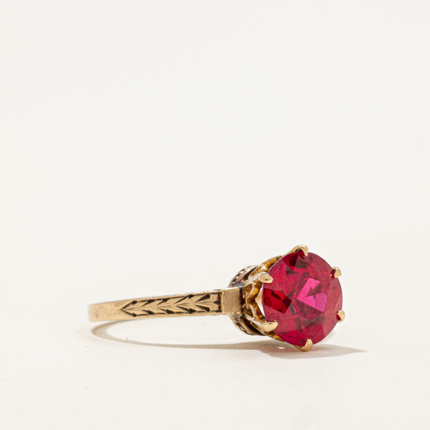 10k Solitaire Synthetic Ruby Engraved Ring | 1.9ct | SZ 7.25