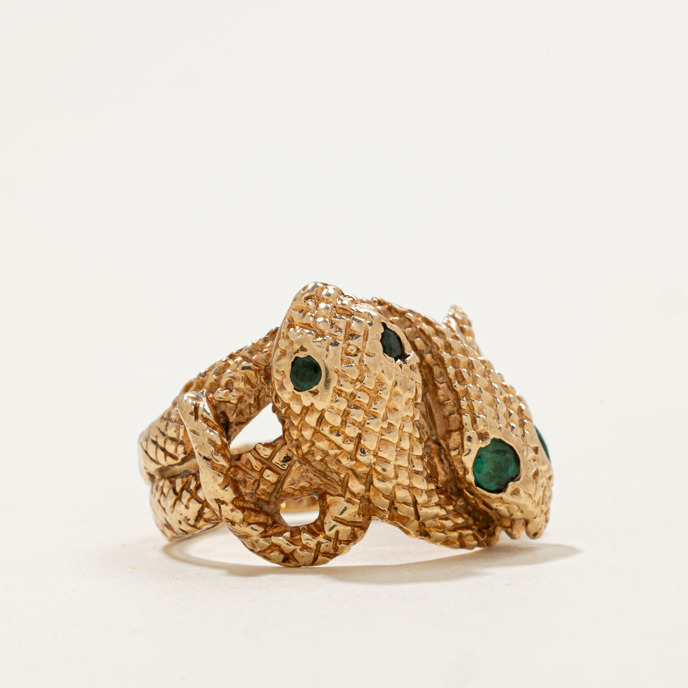10k Double Snake Ring with Emerald Eyes | 0.17ctw | SZ 6.75