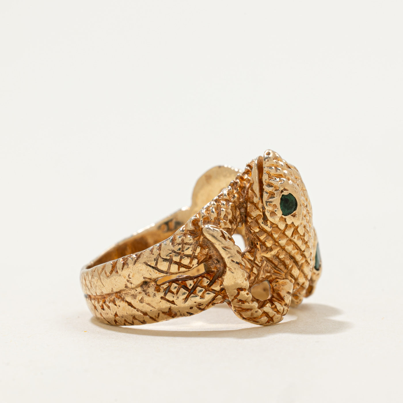 10k Double Snake Ring with Emerald Eyes | 0.17ctw | SZ 6.75