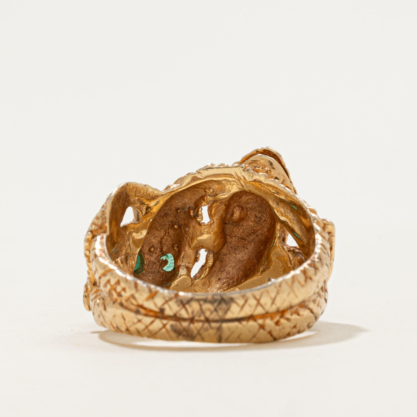 10k Double Snake Ring with Emerald Eyes | 0.17ctw | SZ 6.75