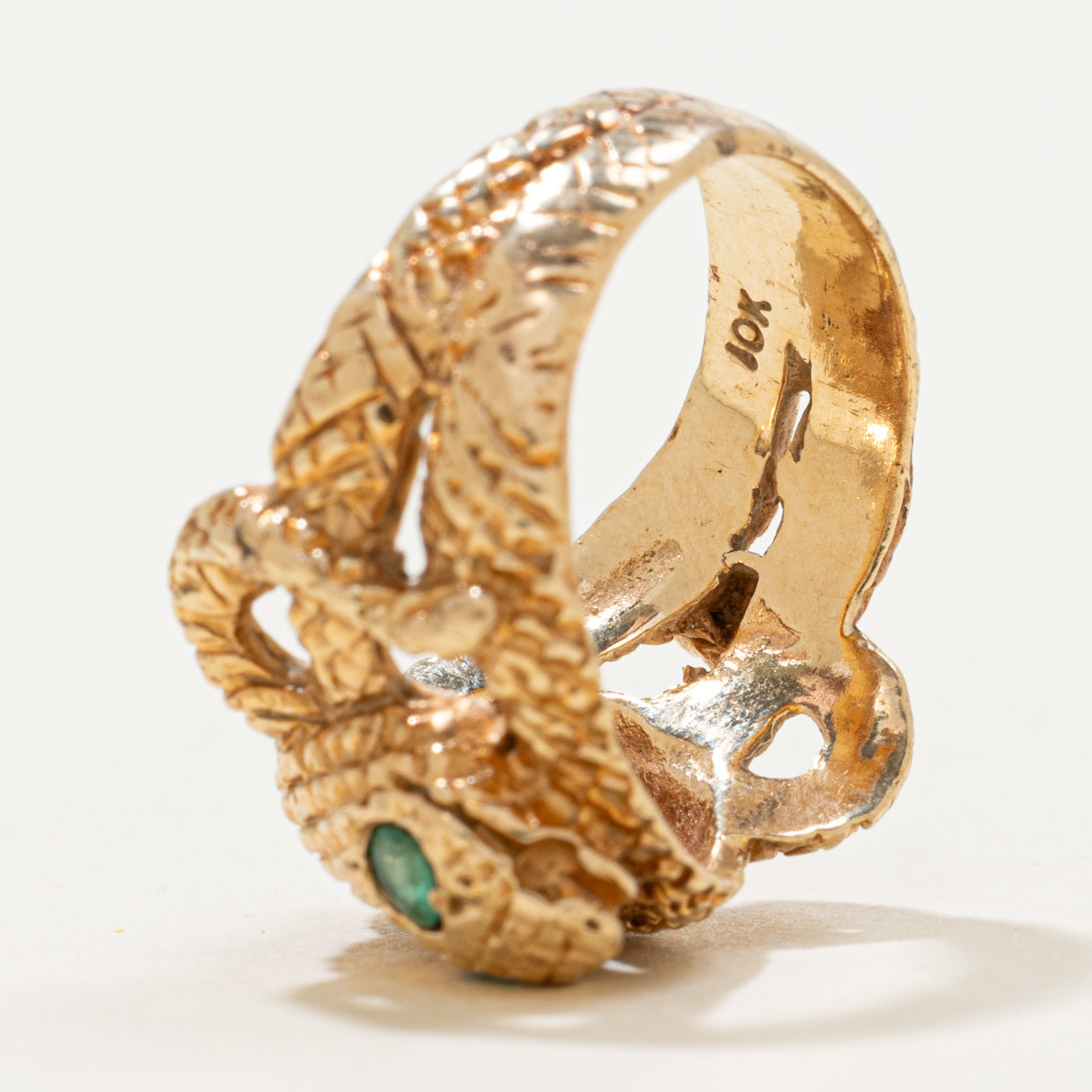 10k Double Snake Ring with Emerald Eyes | 0.17ctw | SZ 6.75