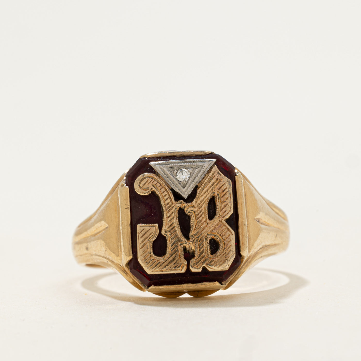 Mid Century 10k Synthetic Ruby "JB" Initial Signet Ring | 3.3ct, 0.01ct | SZ 13