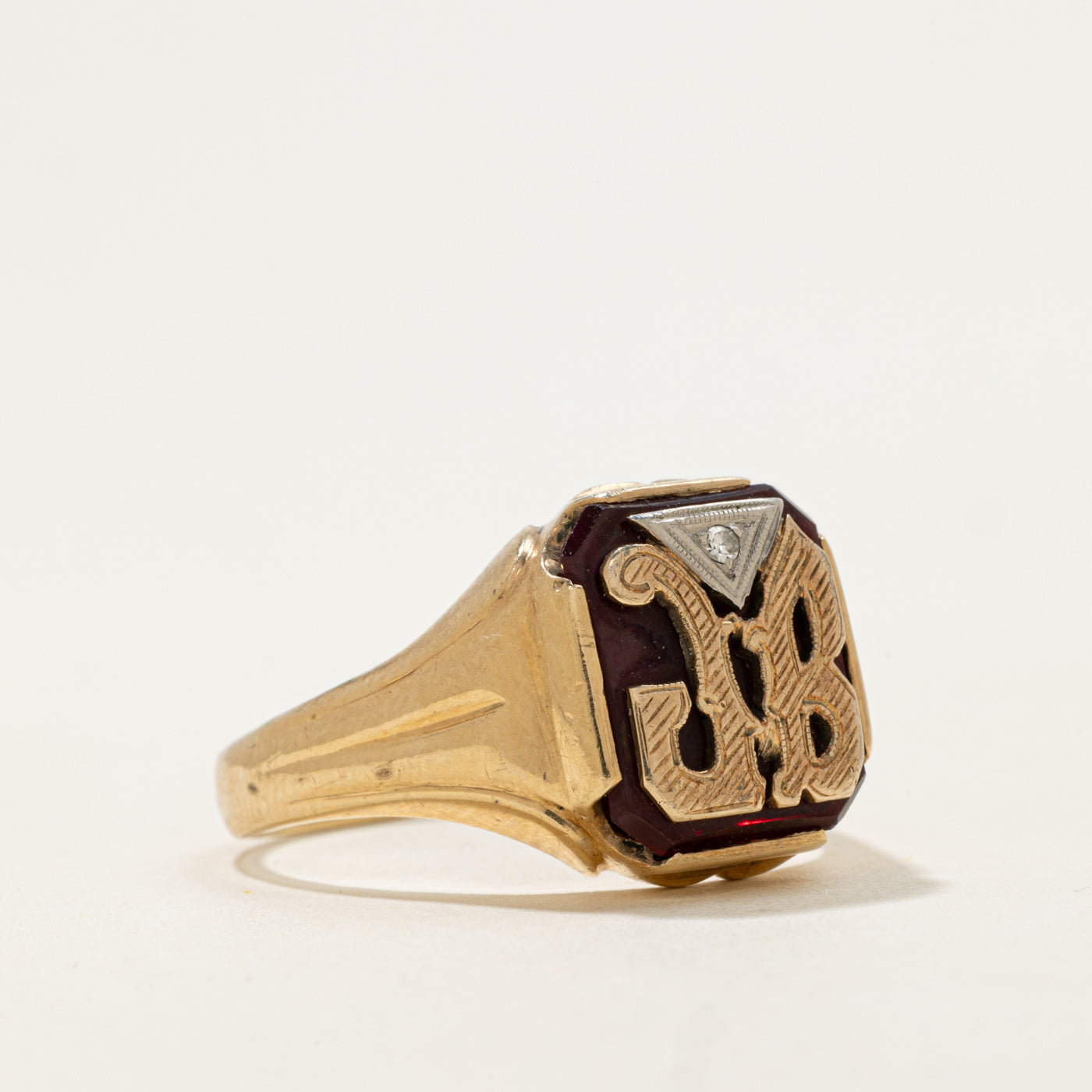 Mid Century 10k Synthetic Ruby "JB" Initial Signet Ring | 3.3ct, 0.01ct | SZ 13