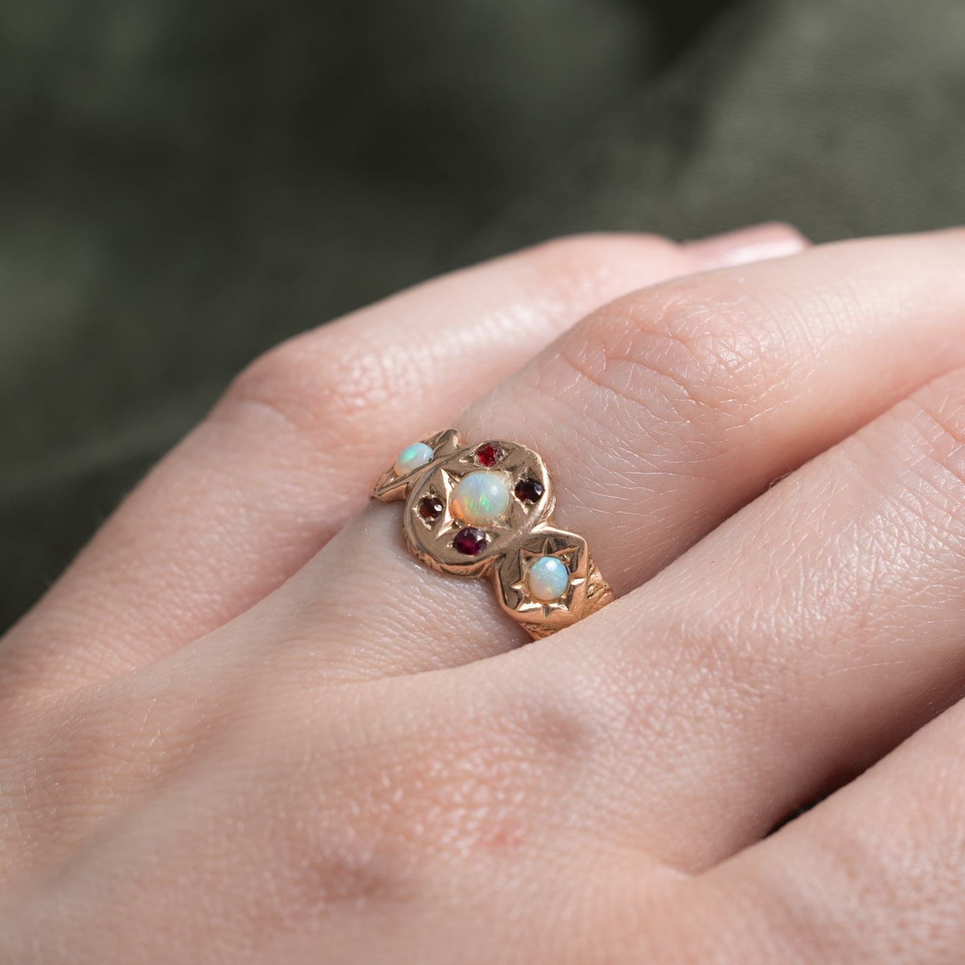 10k Opal & Garnet Victorian Style Ring | 0.25ctw, 0.06ctw | SZ 5.25