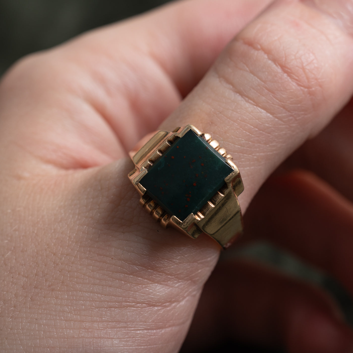 10k Rectangle Flat Cabochon Bloodstone Ring | 2.5ct | SZ 10.5