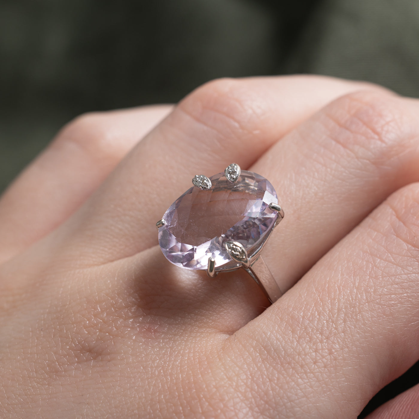 10k Oval Checkerboard Amethyst & Diamond Cocktail Ring | 8.53ct, 0.03ct | SZ 7