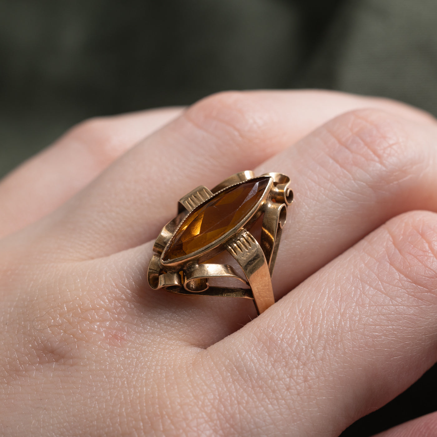 Late Art Deco 14k Citrine Scrollwork Navette Ring | 2.38ct | SZ 8