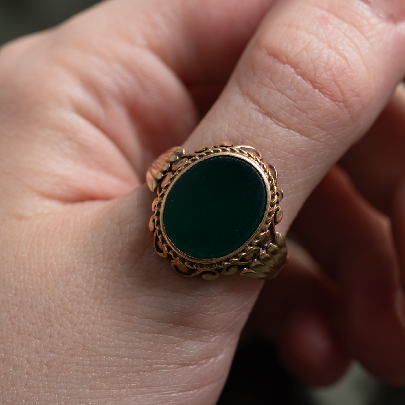 Mid Century 14k Green Agate Cabochon Ring | 5.5ct |  SZ 9.75