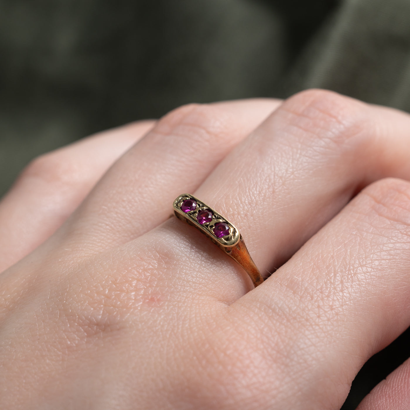 14k Three Stone Synthetic Ruby Ring | 0.26ctw | SZ 8.25