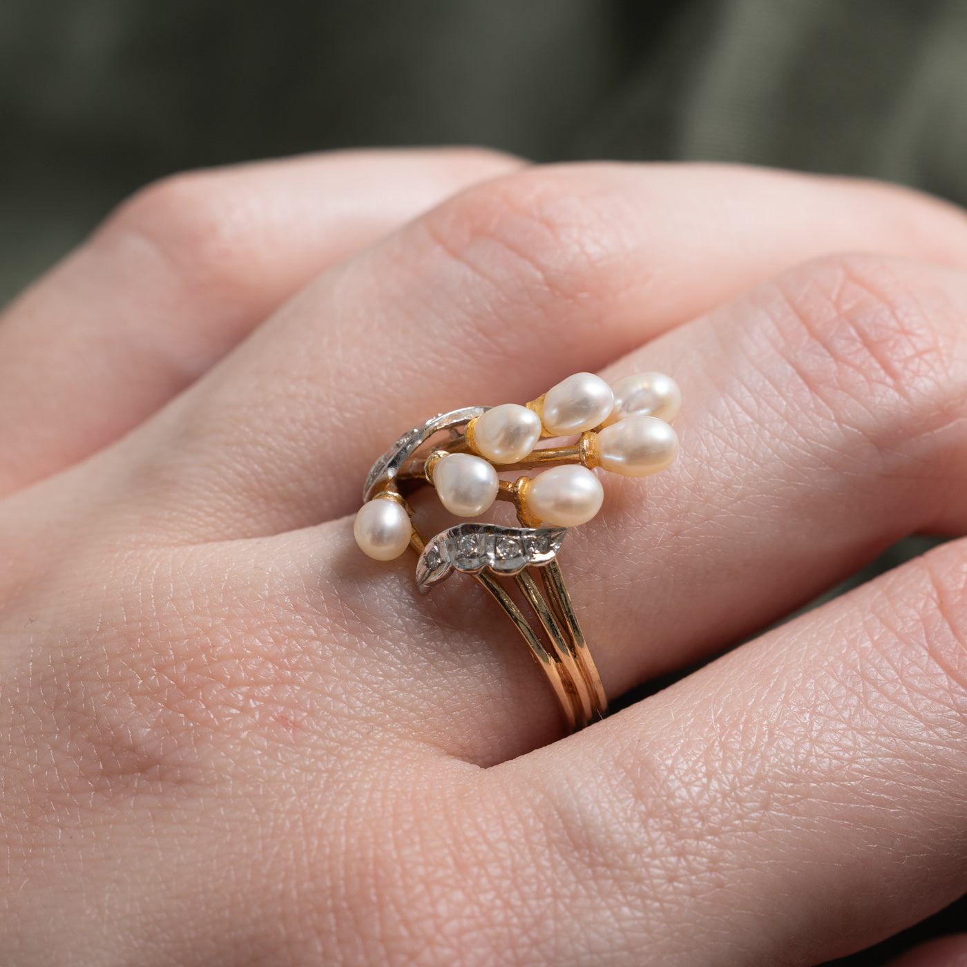 14k Pearl & Diamond Waterfall Ring | 0.04ct | SZ 6.75 |