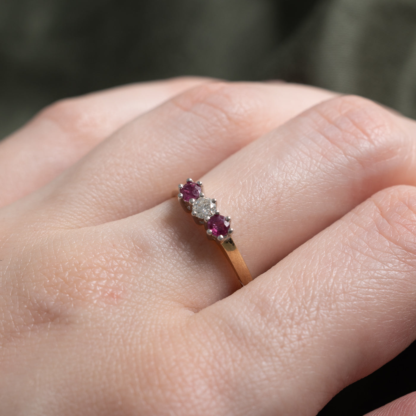 14k Three Stone Ruby & Diamond Ring | 0.28ct, 0.13ctw | SZ 6.5
