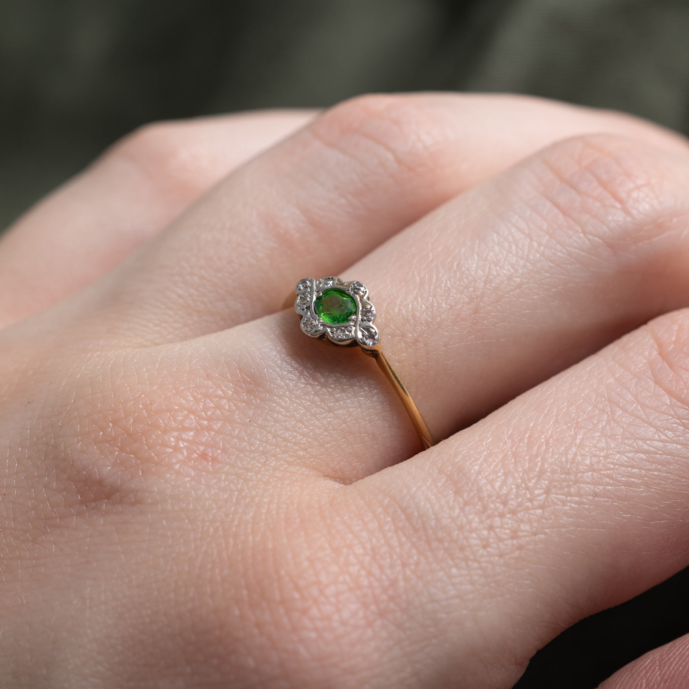 Antique 18k Demantoid Garnet Diamond Navette Ring | 0.16ct, 0.04ctw | SZ 6.75