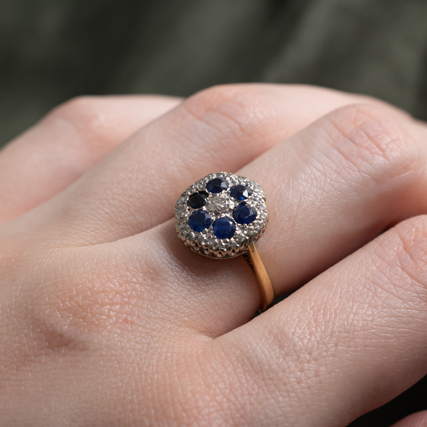 Art Deco 18k Sapphire & Diamond Cluster Ring | 1ctw, 0.2ctw | SZ 5.5