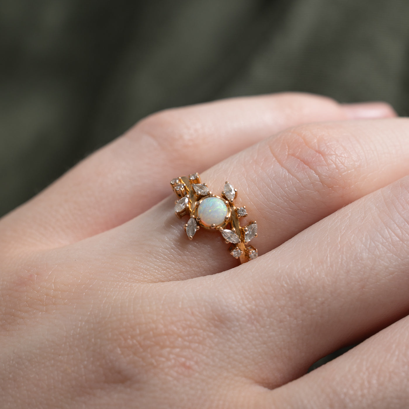 18k Opal & Diamond Floral Bypass Ring | 0.17ct, 0.15ctw | SZ 5
