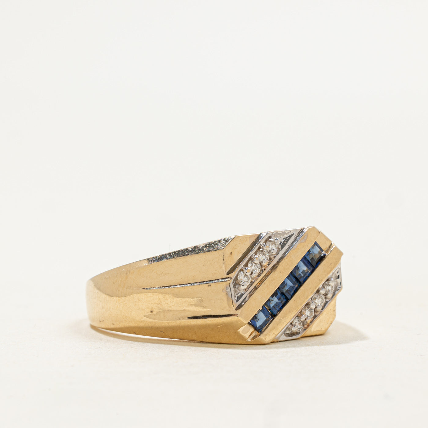 'Birks' Diagonal Set Sapphire & Diamond Signet Ring | 0.35ctw, 0.08ctw | SZ 13.5