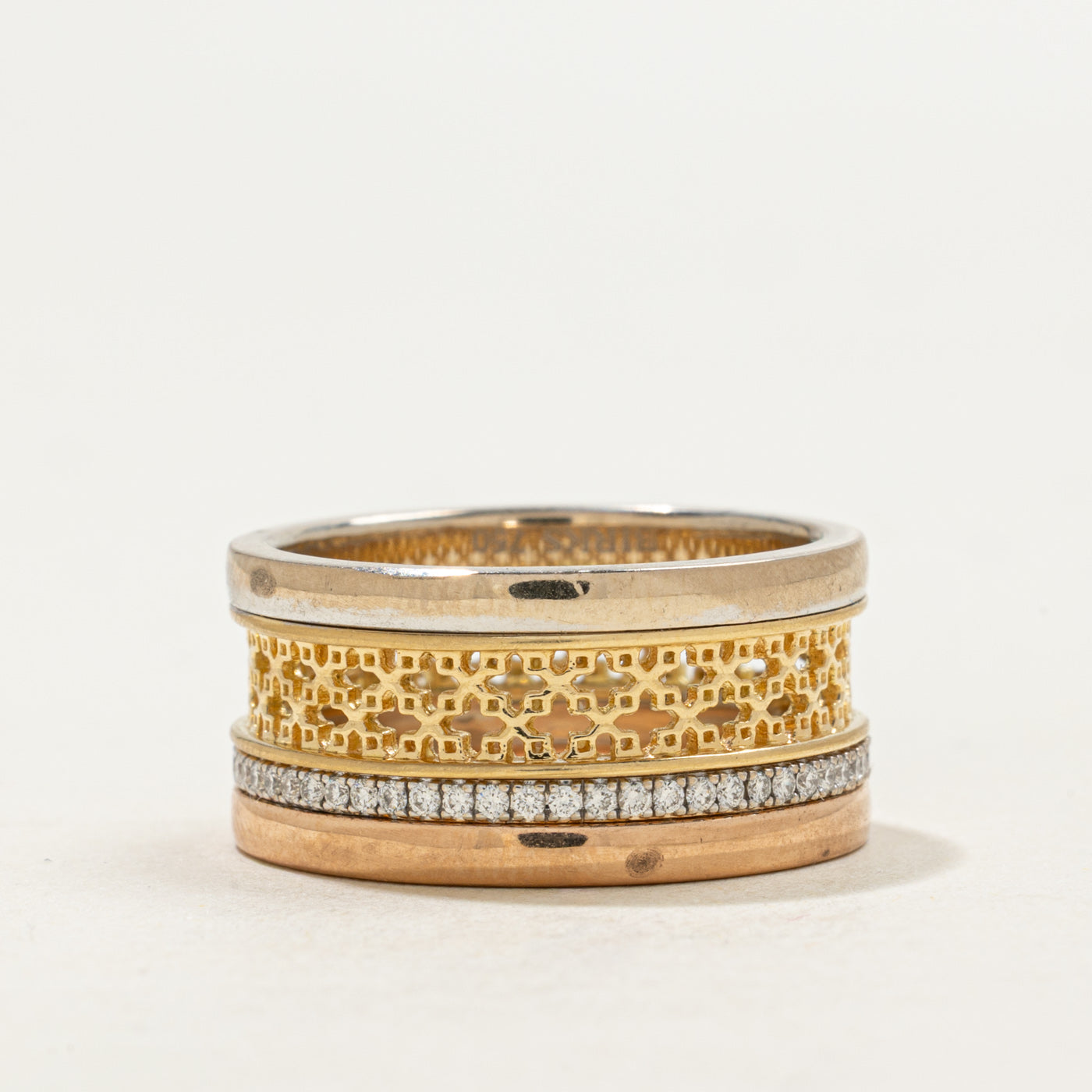 18k Tri Tone Gold Eternity Diamond Openwork Cigar Band | 0.29ctw | 10.12mm | SZ 7.25