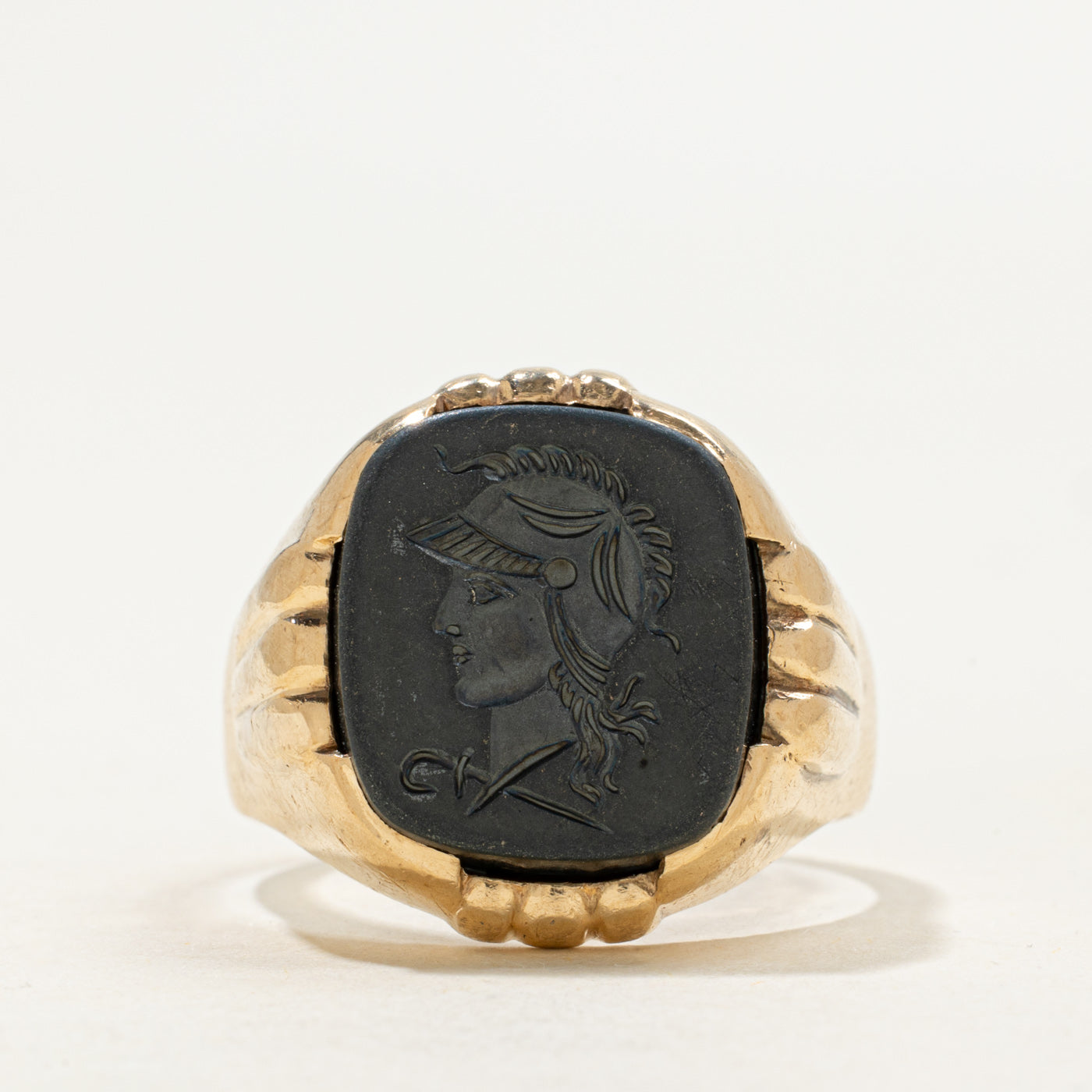 Vintage Canadian 10k Hematite Intaglio Grooved Signet Ring | 9.0ct | SZ 11.25