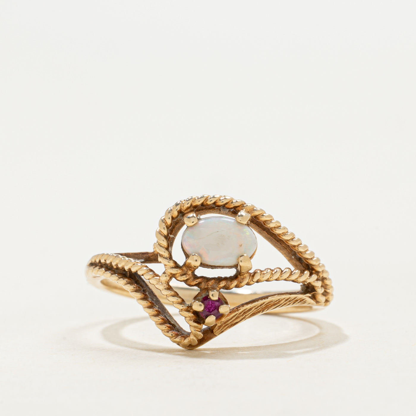 Vintage Canadian 10k Opal & Ruby Openwork Abstract Ring | 0.235ctw | SZ 7