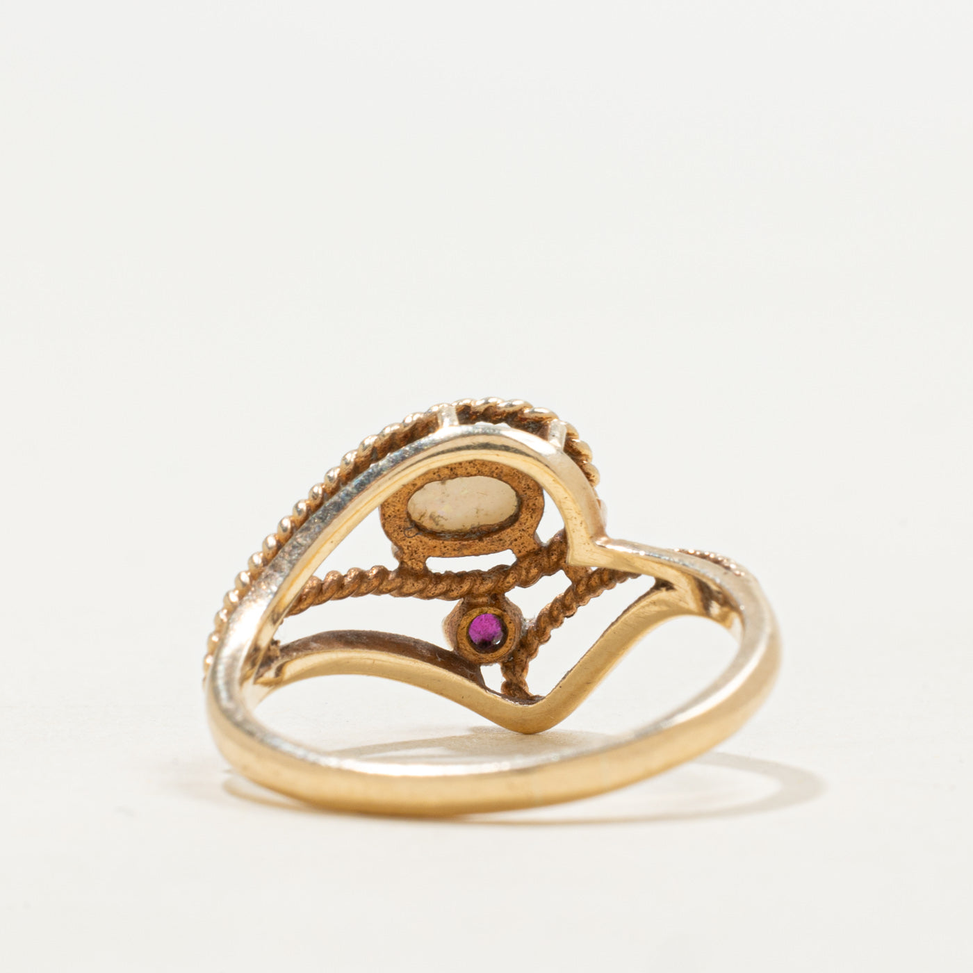 Vintage Canadian 10k Opal & Ruby Openwork Abstract Ring | 0.235ctw | SZ 7