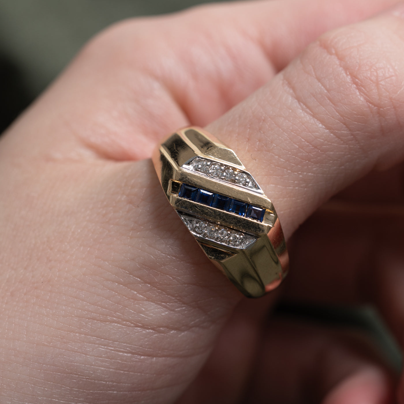 'Birks' Diagonal Set Sapphire & Diamond Signet Ring | 0.35ctw, 0.08ctw | SZ 13.5