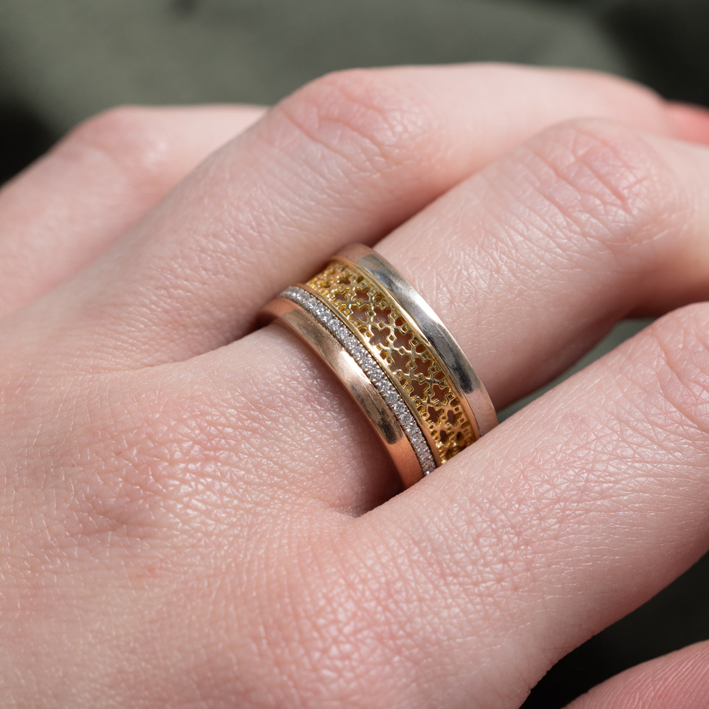 18k Tri Tone Gold Eternity Diamond Openwork Cigar Band | 0.29ctw | 10.12mm | SZ 7.25