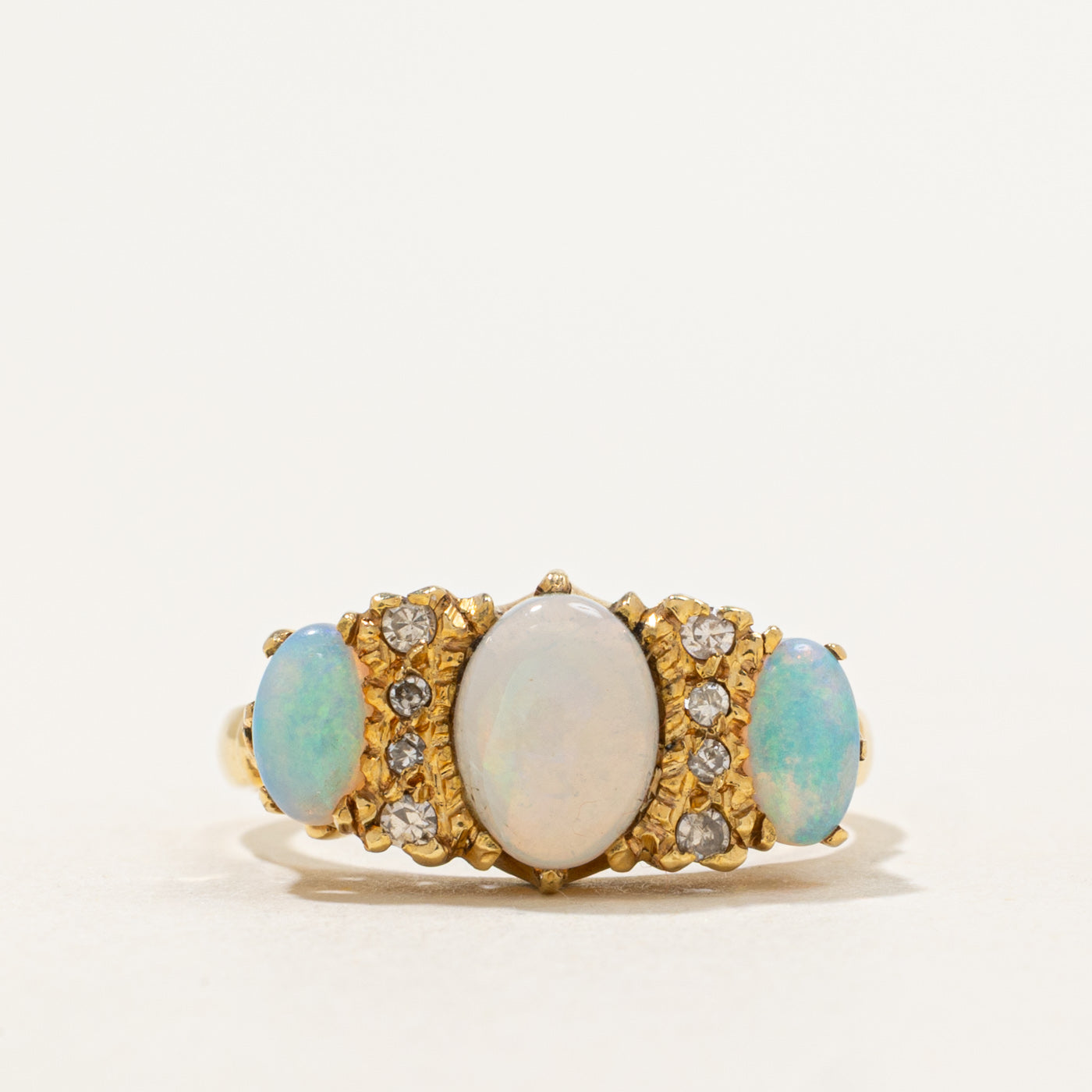 1972 London Three-Stone Opal & Diamond Ring | 1.30ctw, 0.03ctw | SZ 7.25