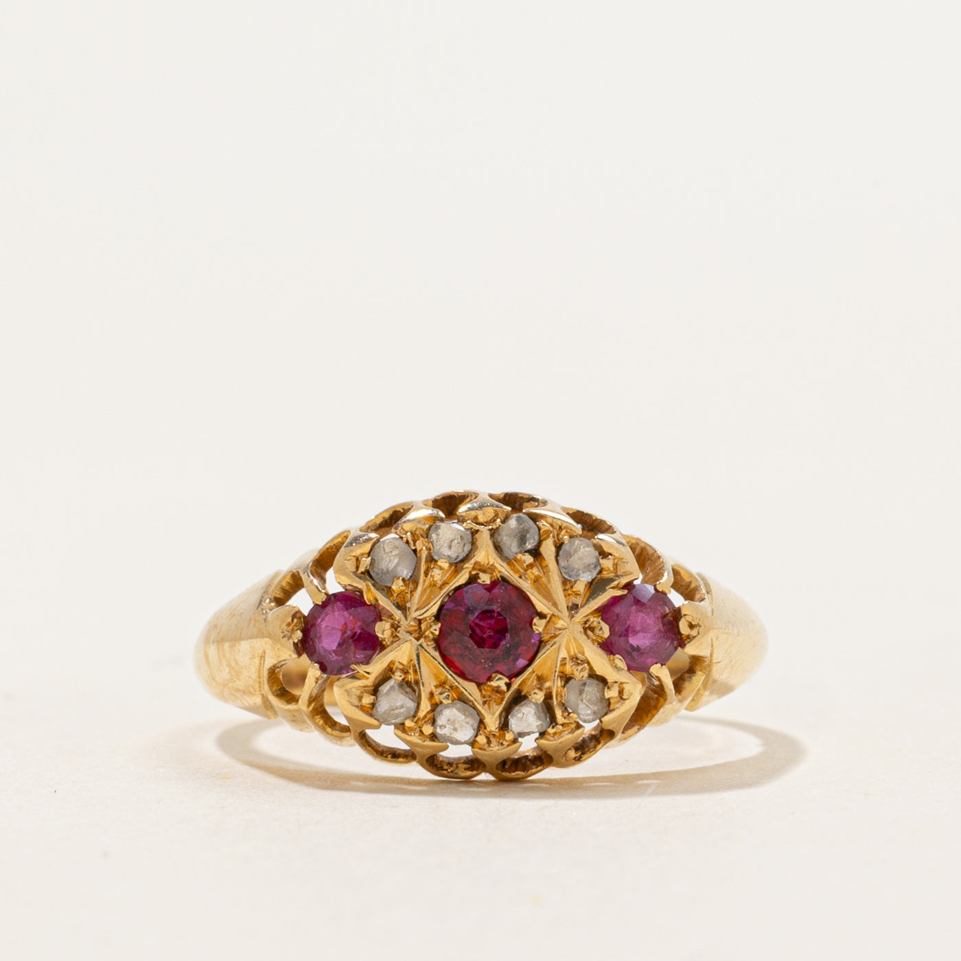 1906 Chester Ruby & Rose Cut Diamond Raised Gallery Boat Ring | 0.35ctw, 0.08ctw | SZ 4.75
