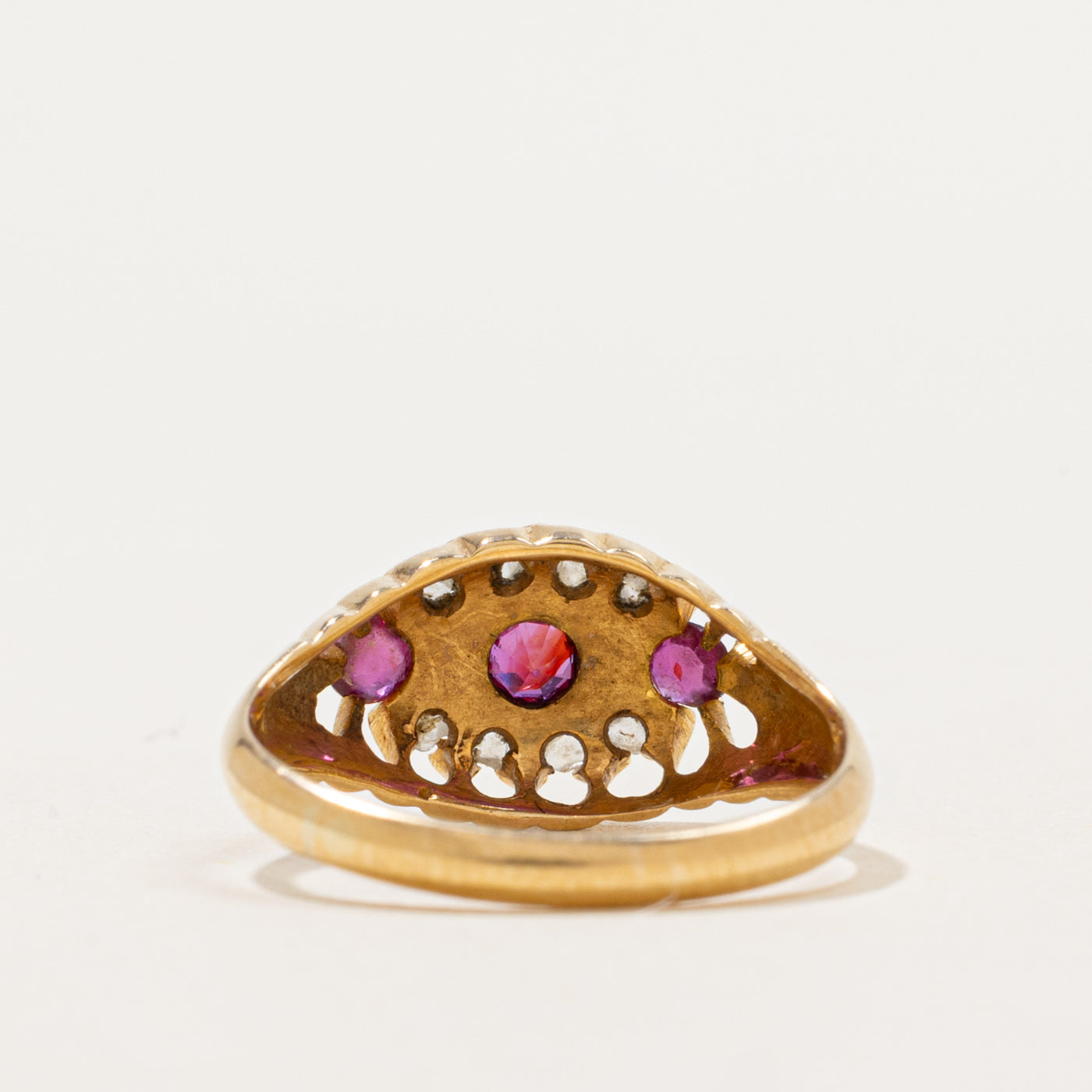 1906 Chester Ruby & Rose Cut Diamond Raised Gallery Boat Ring | 0.35ctw, 0.08ctw | SZ 4.75