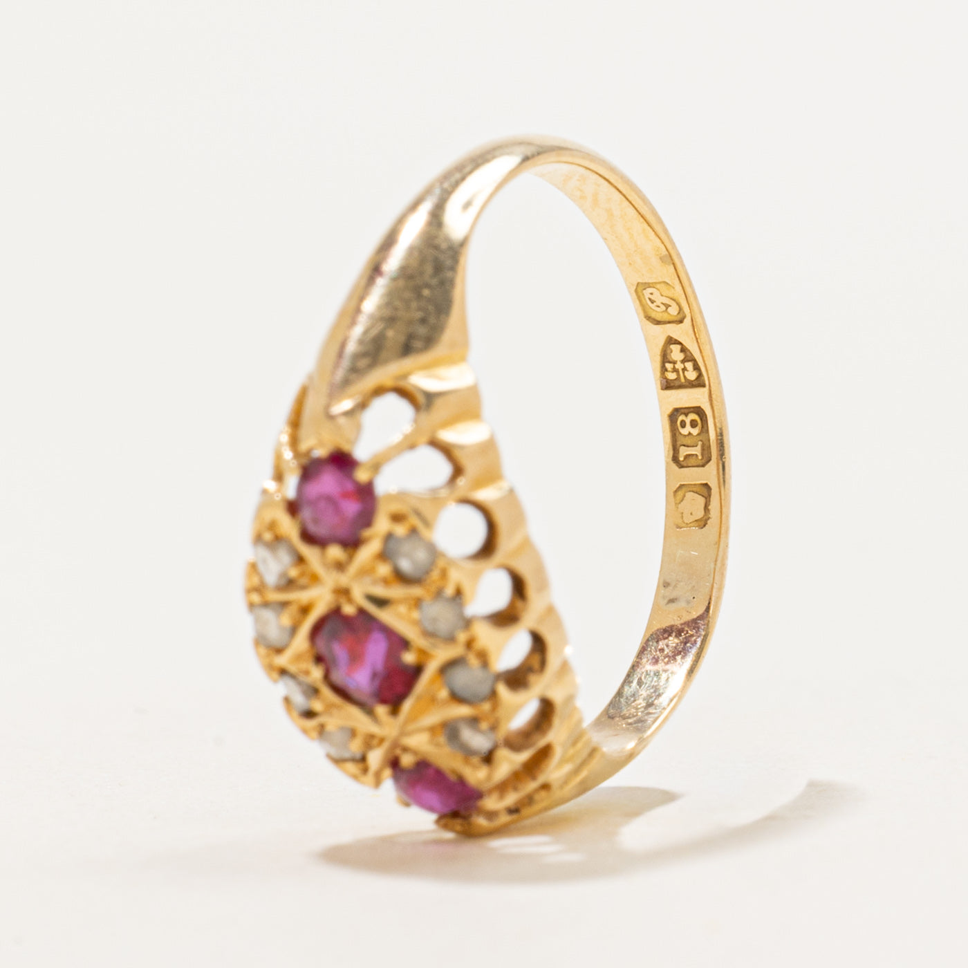 1906 Chester Ruby & Rose Cut Diamond Raised Gallery Boat Ring | 0.35ctw, 0.08ctw | SZ 4.75