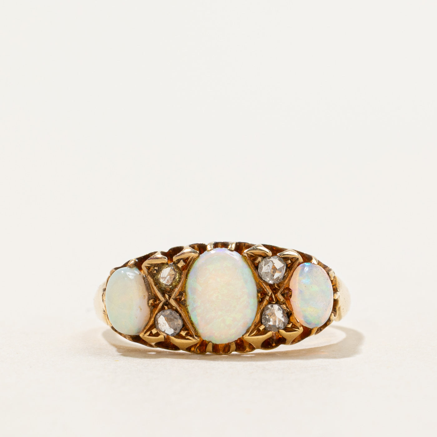 1904 Birmingham Three-Stone Opal & Rose Cut Diamond Ring | 0.75ctw, 0.14ctw | SZ 6.75
