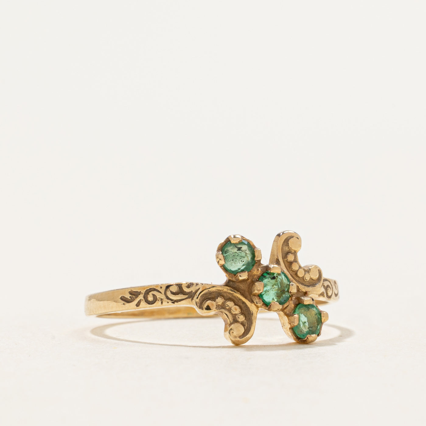 14k Three-Stone Emerald Scroll Shoulders Bypass Ring | 0.14 ctw | SZ 6.5