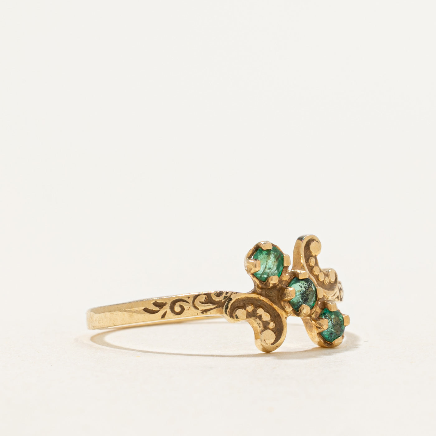 14k Three-Stone Emerald Scroll Shoulders Bypass Ring | 0.14 ctw | SZ 6.5