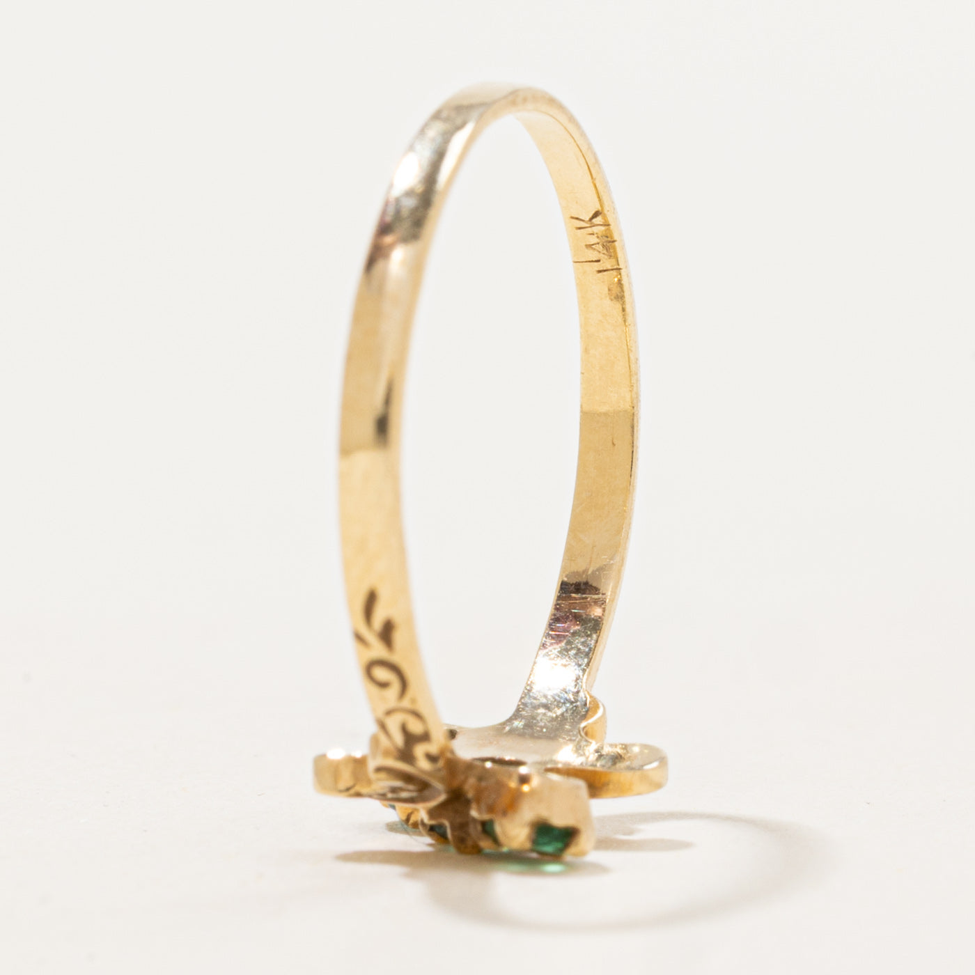 14k Three-Stone Emerald Scroll Shoulders Bypass Ring | 0.14 ctw | SZ 6.5