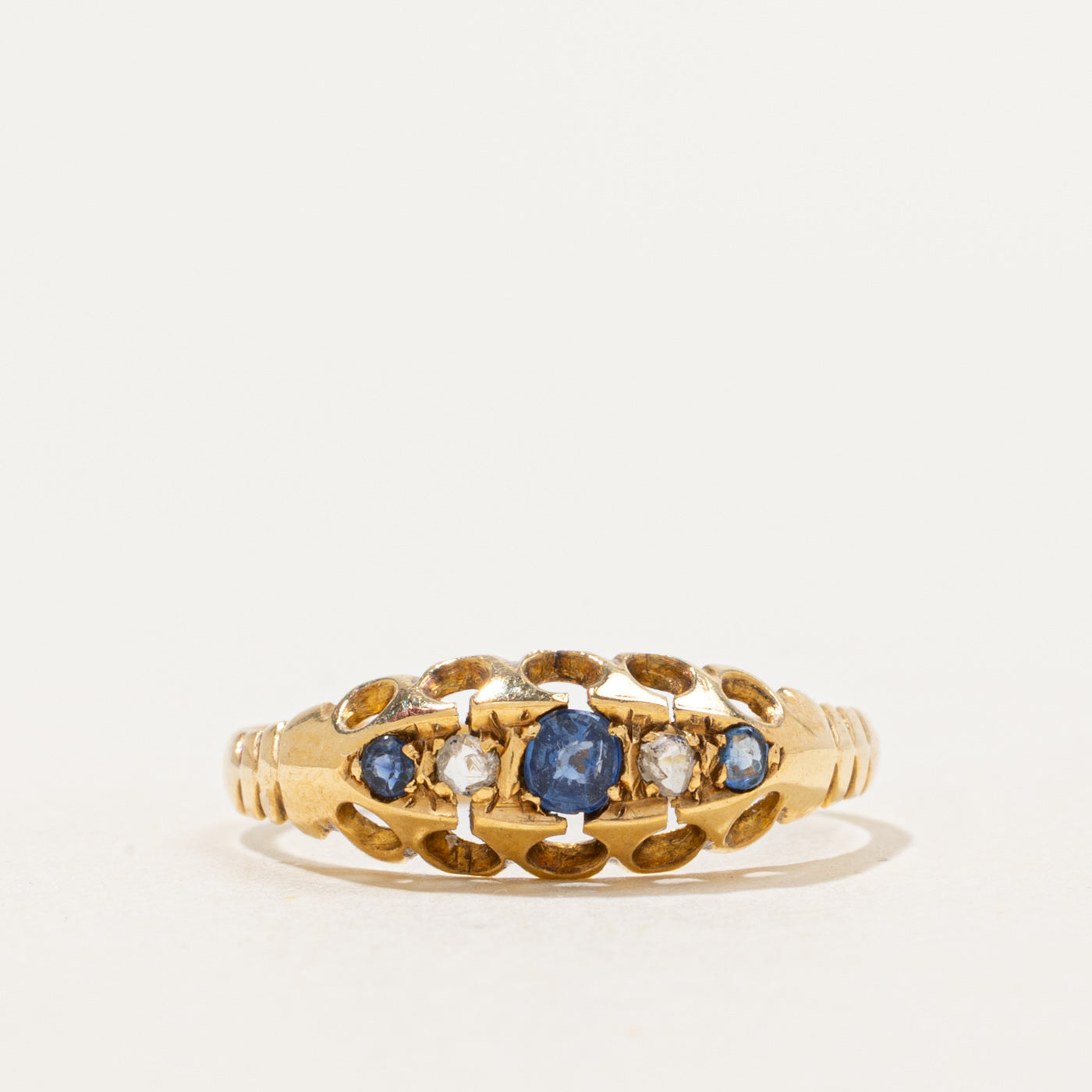 1902 Birmingham Five Stone Sapphire & Rose Cut Diamond Boat Ring